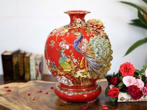 Bình tích lộc men màu công danh phú quý đắp nổi vẽ vàng