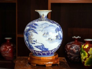 Bình hút lộc men lam sơn thủy hữu tình vẽ vàng kim