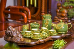 Bộ ấm chén cao cấp khắc nổi rồng mạ vàng