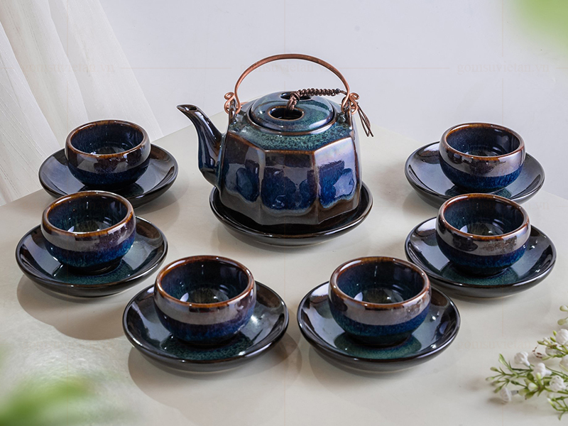 Ấm chén men hỏa biến lục giác màu thiên thanh